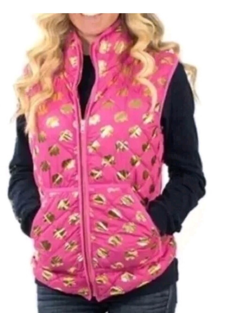 Simply Southern Pink Quilted Vest with Gold Elephants Accents Sz Small NWT